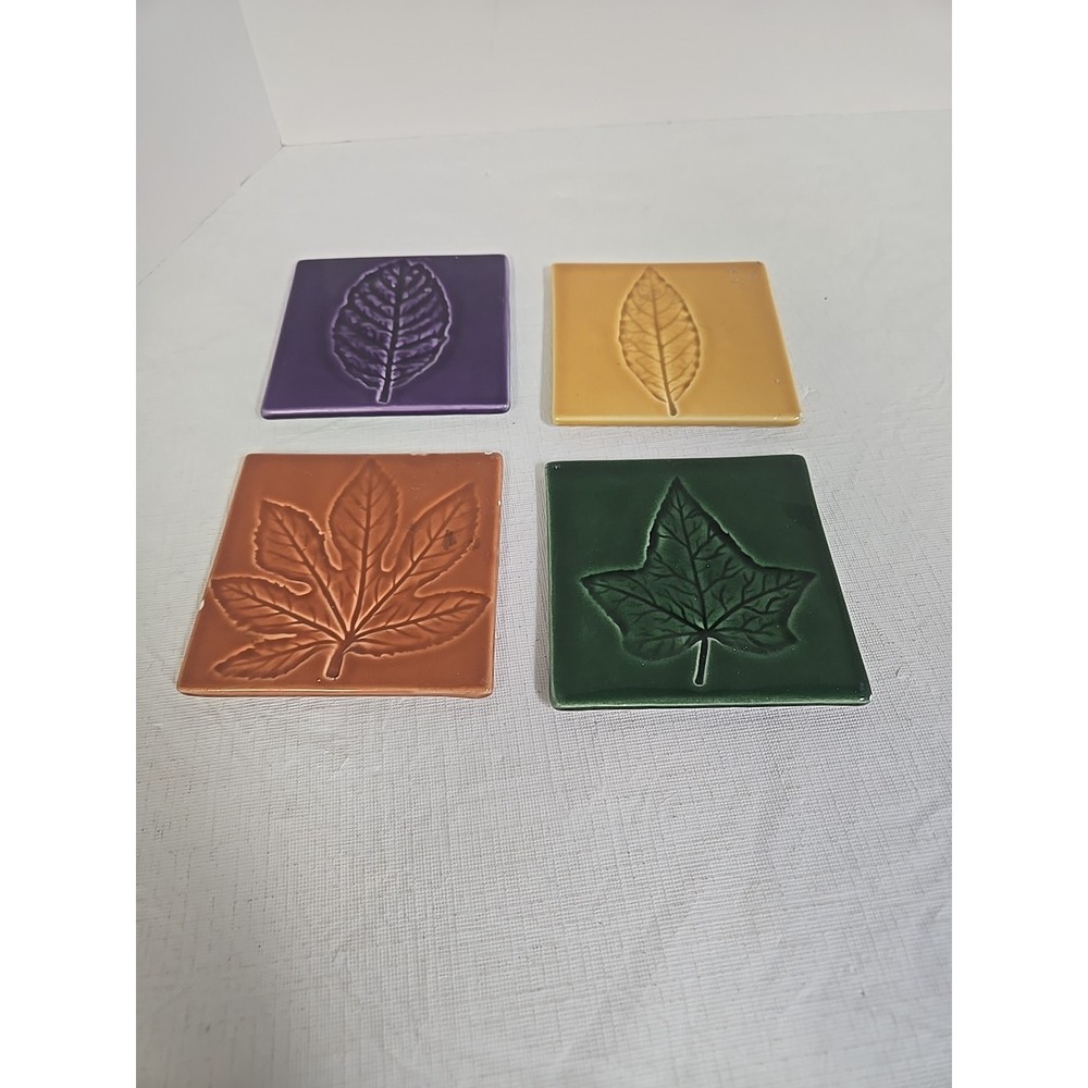 Vintage 4 Piece Crate & Barrel Ceramic Leaf Imprint Glazed Coasters‎ Fall Colors